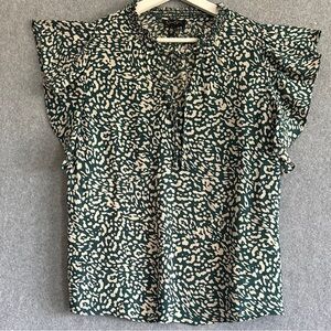 Jessica Simpson Flutter Sleeve Ruffled V-Neck Bohemian  Blouse Green/Cream (L)